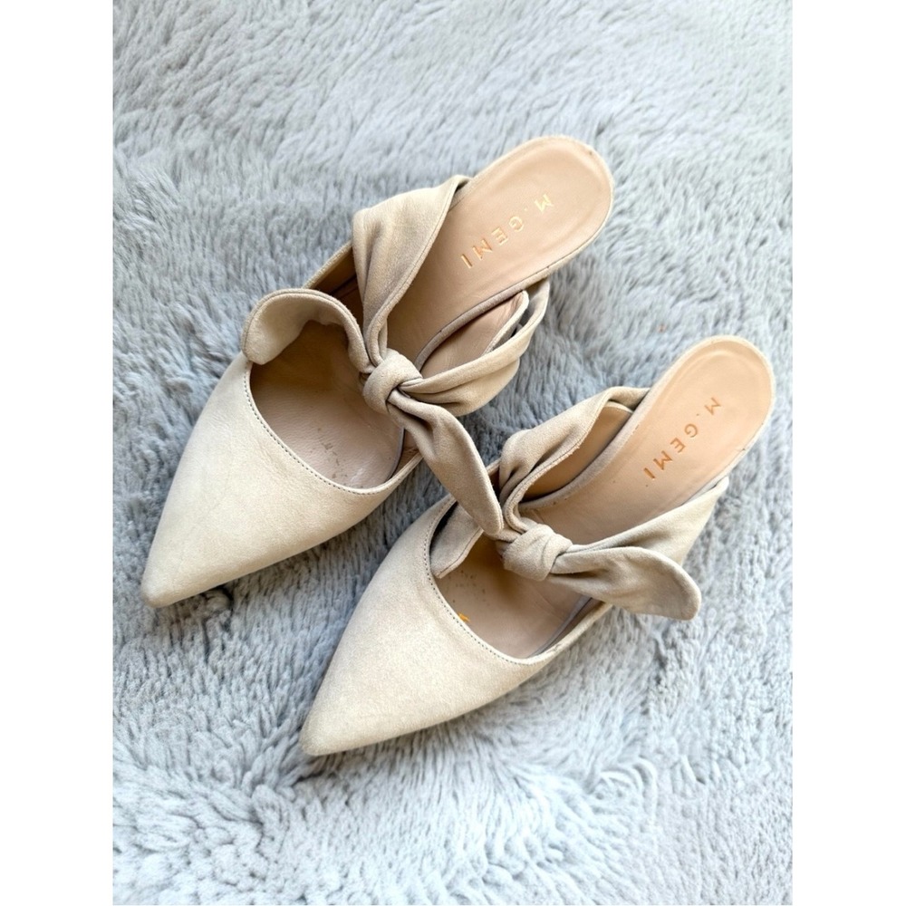 M.Gemi Suede Bow Mule Heels Womens EU 36.5 Beige Pointed Toe Italy
